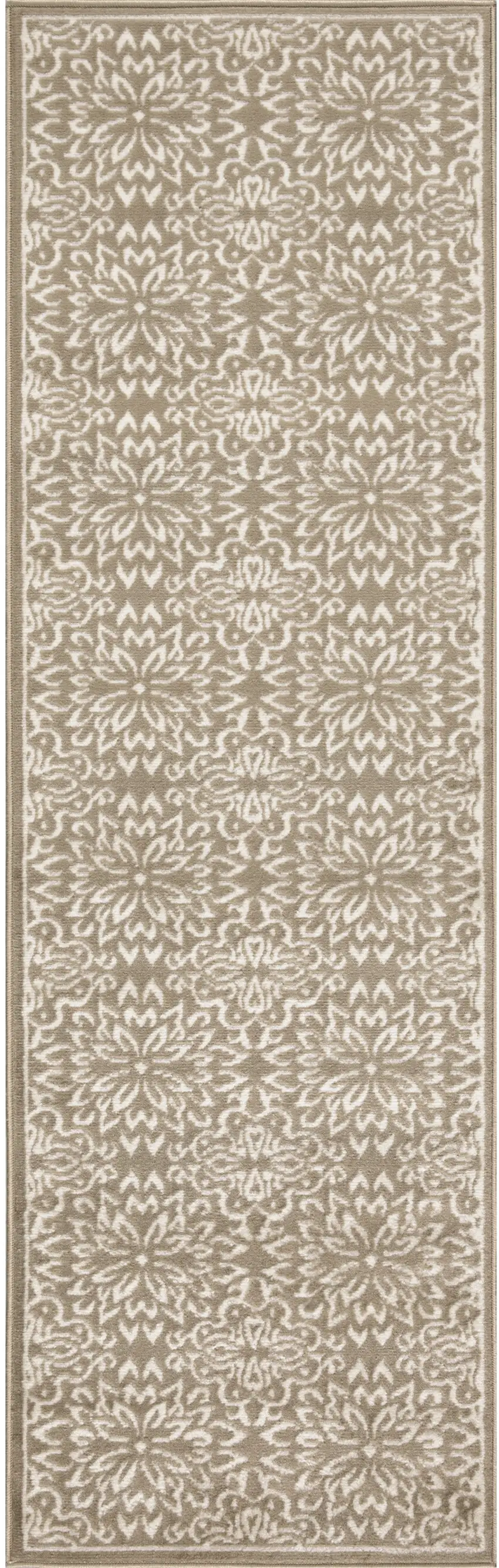 6' Taupe and Ivory Floral Non Skid Runner Rug Photo 4