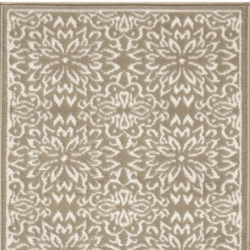 7' Taupe and Ivory Floral Runner Rug Photo 4