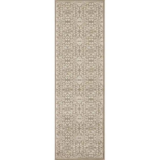 7' Taupe and Ivory Floral Runner Rug Photo 1