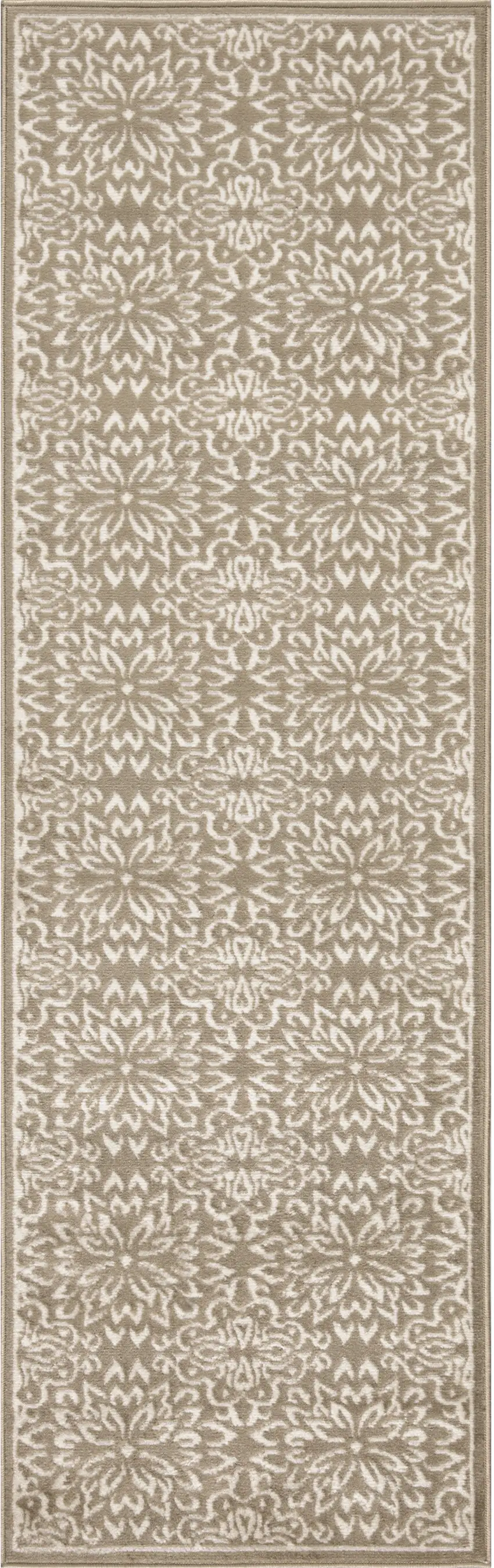 7' Taupe and Ivory Floral Runner Rug Photo 1