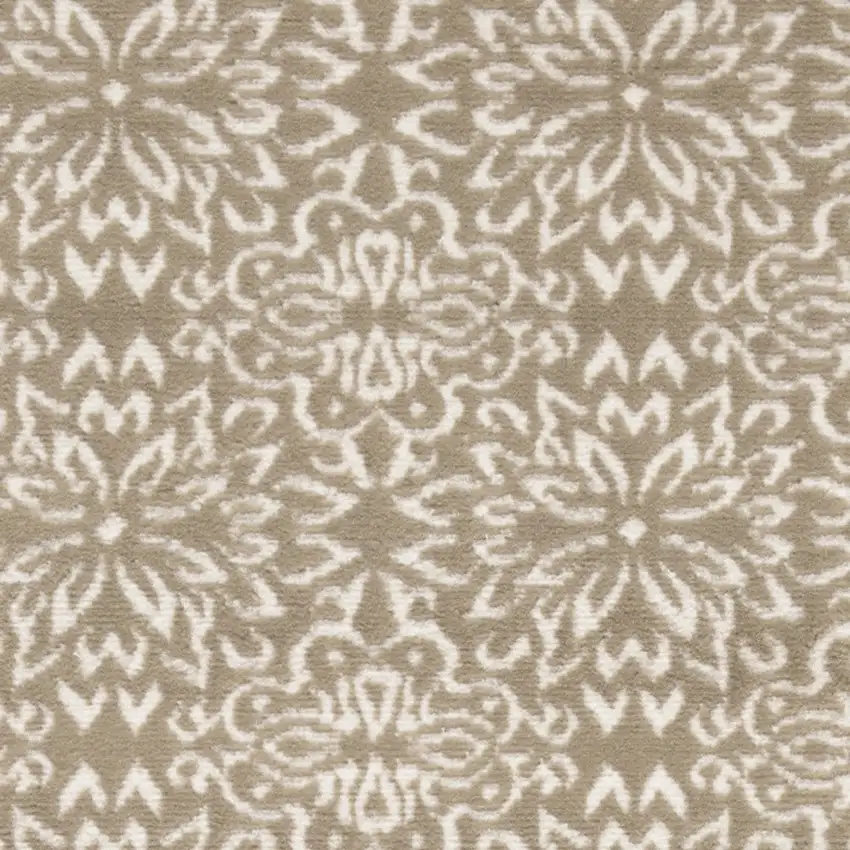 7' Taupe and Ivory Floral Runner Rug Photo 8