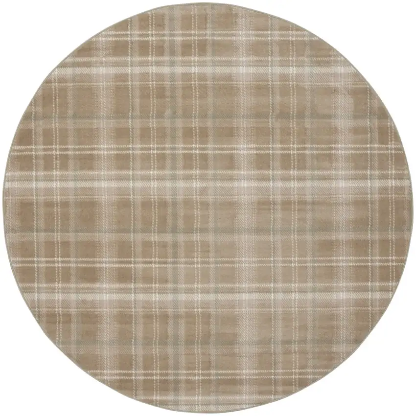 8' Taupe and Ivory Plaid Round Rug Photo 2