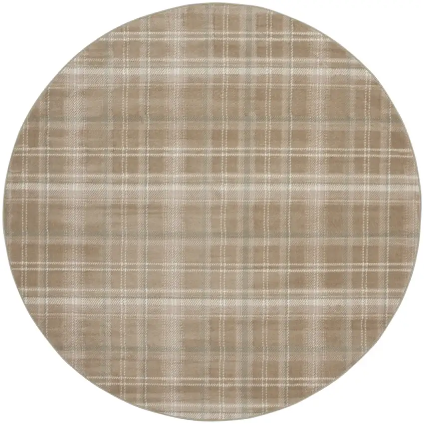 8' Taupe and Ivory Plaid Round Rug Photo 5