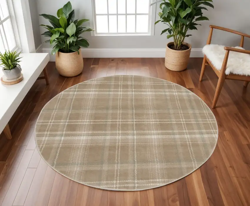 8' Taupe and Ivory Plaid Round Rug Photo 1
