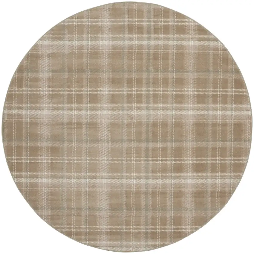 8' Taupe and Ivory Plaid Round Rug Photo 4