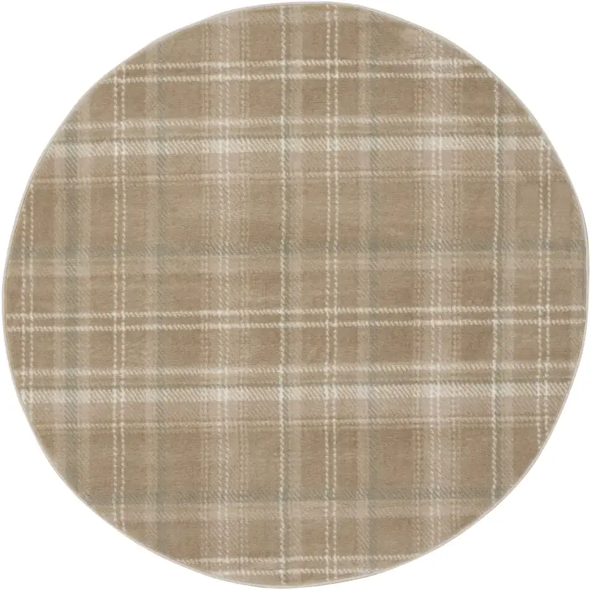 4' Taupe and Ivory Plaid Round Rug Photo 5