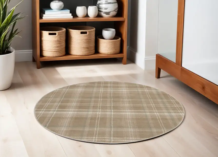 5' Taupe and Ivory Plaid Round Rug Photo 1