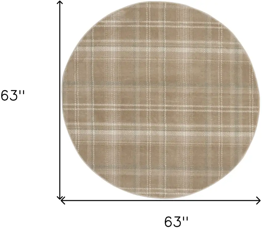 5' Taupe and Ivory Plaid Round Rug Photo 3