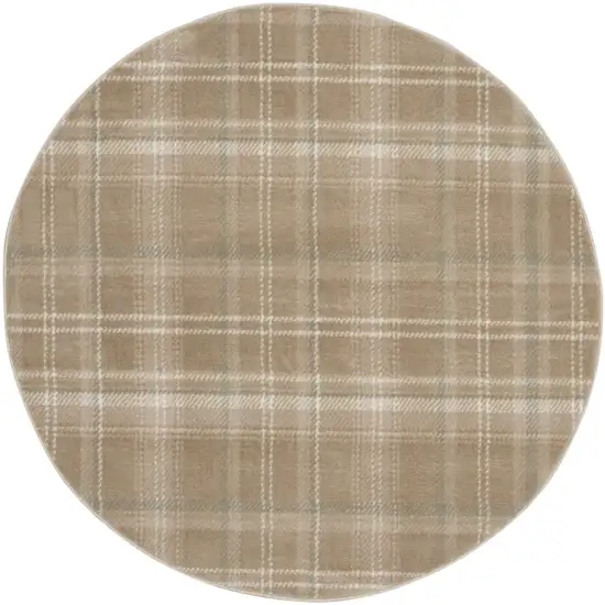 5' Taupe and Ivory Plaid Round Rug Photo 3