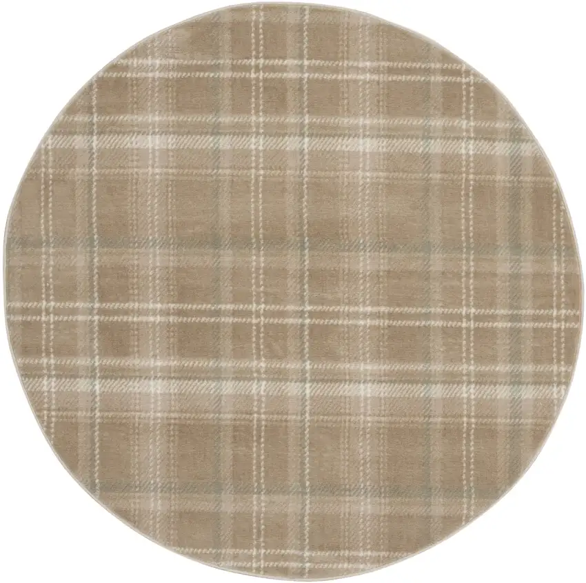 5' Taupe and Ivory Plaid Round Rug Photo 3