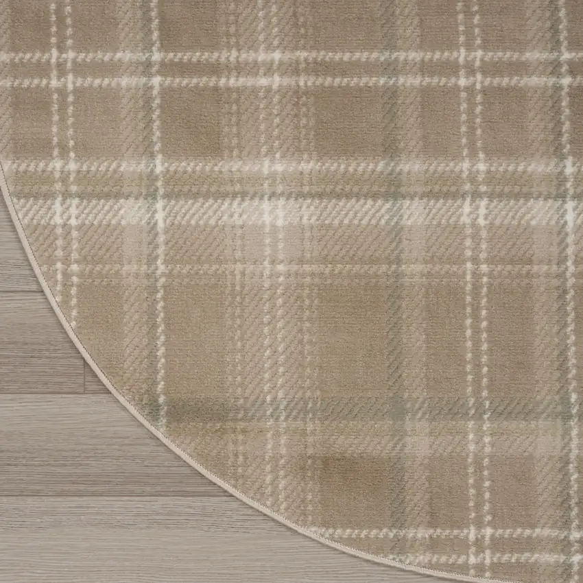 5' Taupe and Ivory Plaid Round Rug Photo 9