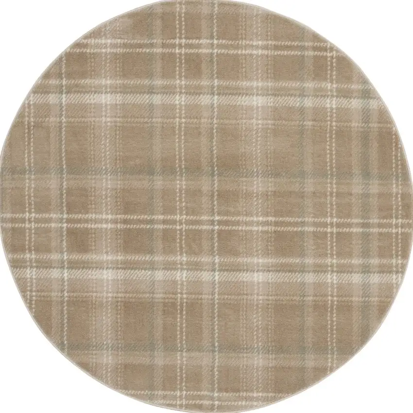 5' Taupe and Ivory Plaid Round Rug Photo 4