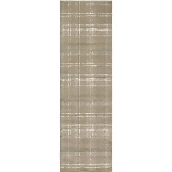 10' Taupe and Ivory Plaid Runner Rug Photo 2