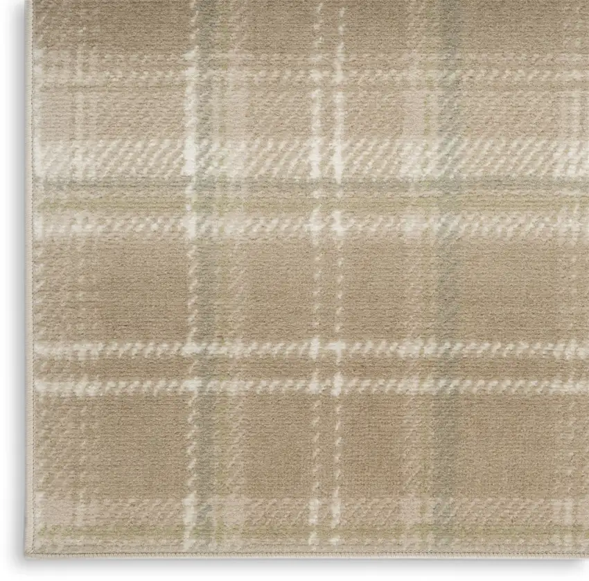 10' Taupe and Ivory Plaid Runner Rug Photo 8