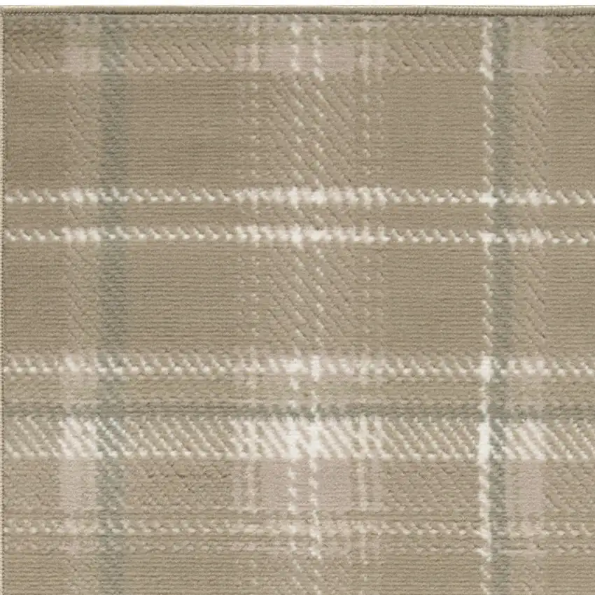 12' Taupe and Ivory Plaid Runner Rug Photo 5
