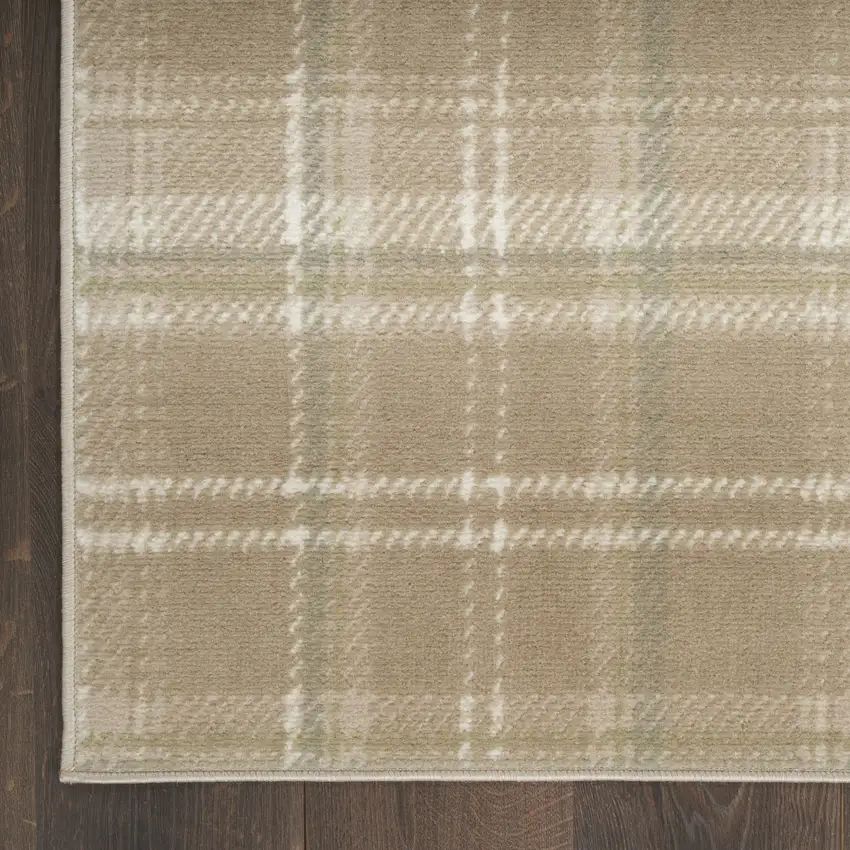12' Taupe and Ivory Plaid Runner Rug Photo 8