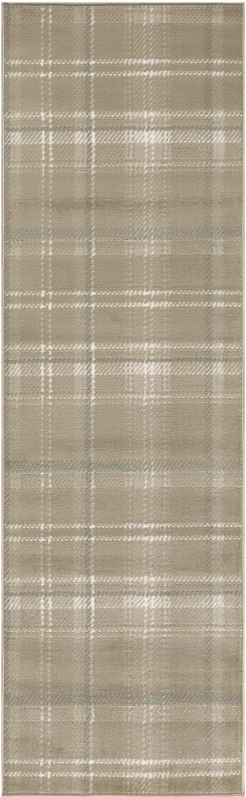 12' Taupe and Ivory Plaid Runner Rug Photo 2