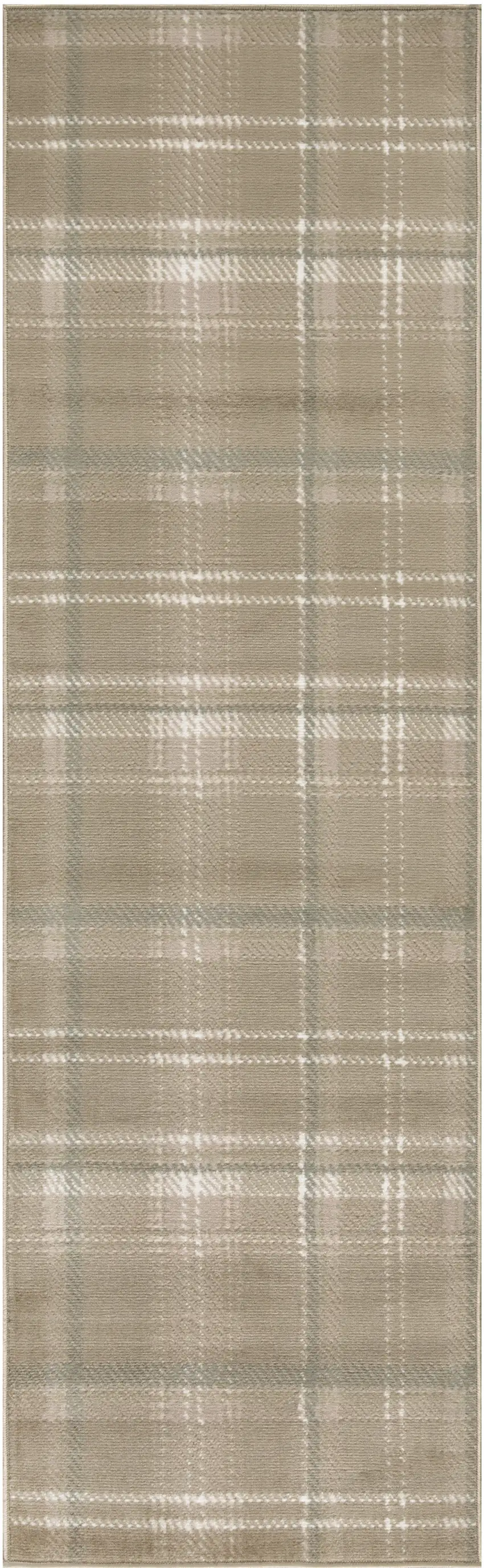 12' Taupe and Ivory Plaid Runner Rug Photo 1