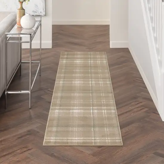 12' Taupe and Ivory Plaid Runner Rug Photo 3