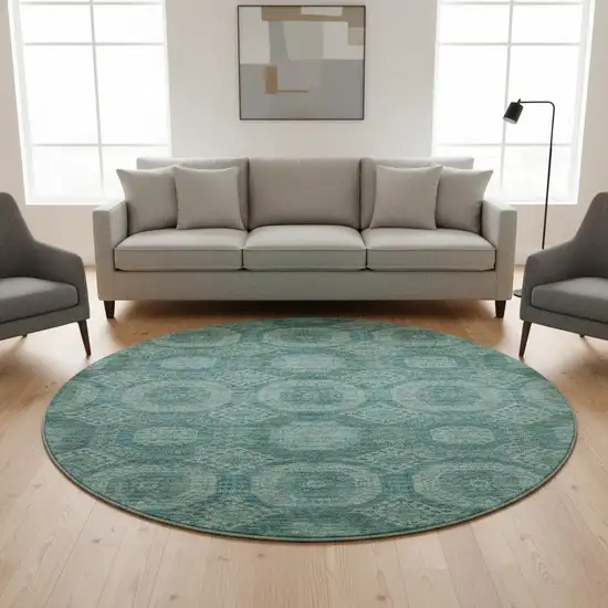 8' Teal And Aqua Abstract Geometric Washable Round Rug With UV Protection Photo 2