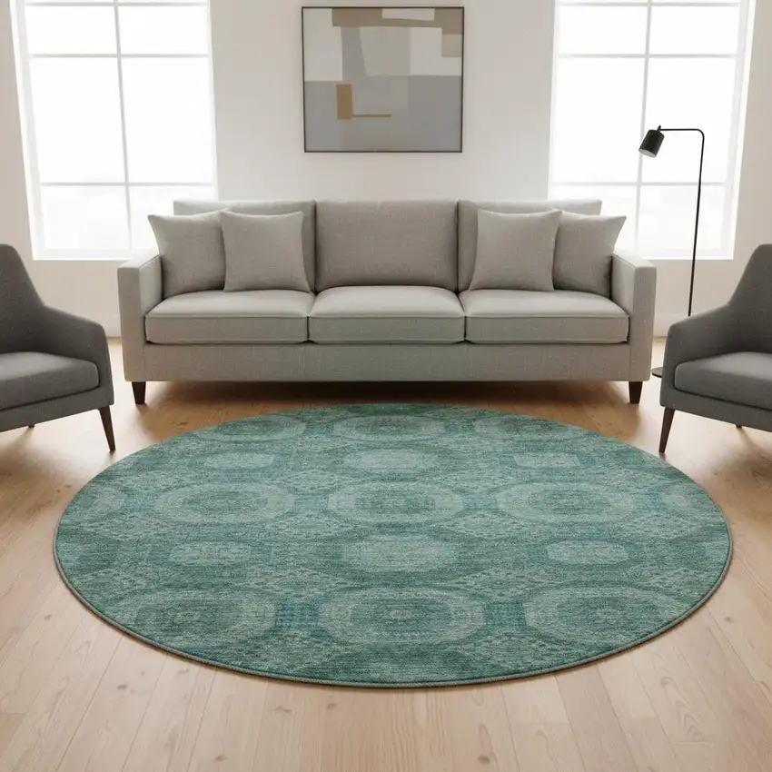 8' Teal And Aqua Abstract Geometric Washable Round Rug With UV Protection Photo 2