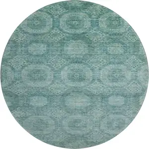 Photo of 8' Teal And Aqua Abstract Geometric Washable Round Rug With UV Protection