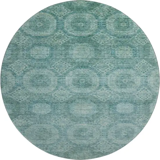8' Teal And Aqua Abstract Geometric Washable Round Rug With UV Protection Photo 1
