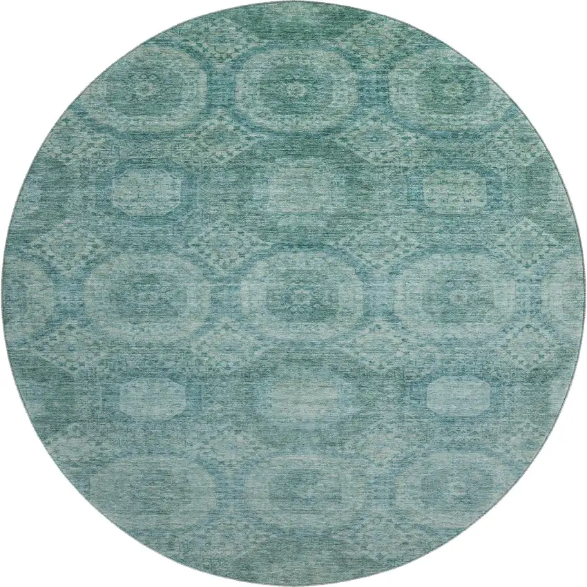 8' Teal And Aqua Abstract Geometric Washable Round Rug With UV Protection Photo 1