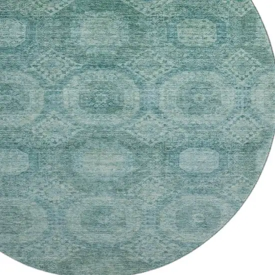 8' Teal And Aqua Abstract Geometric Washable Round Rug With UV Protection Photo 3