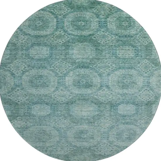 8' Teal And Aqua Abstract Geometric Washable Round Rug With UV Protection Photo 4