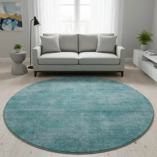 8' Teal And Aqua Abstract Washable Round Rug With UV Protection Photo 2
