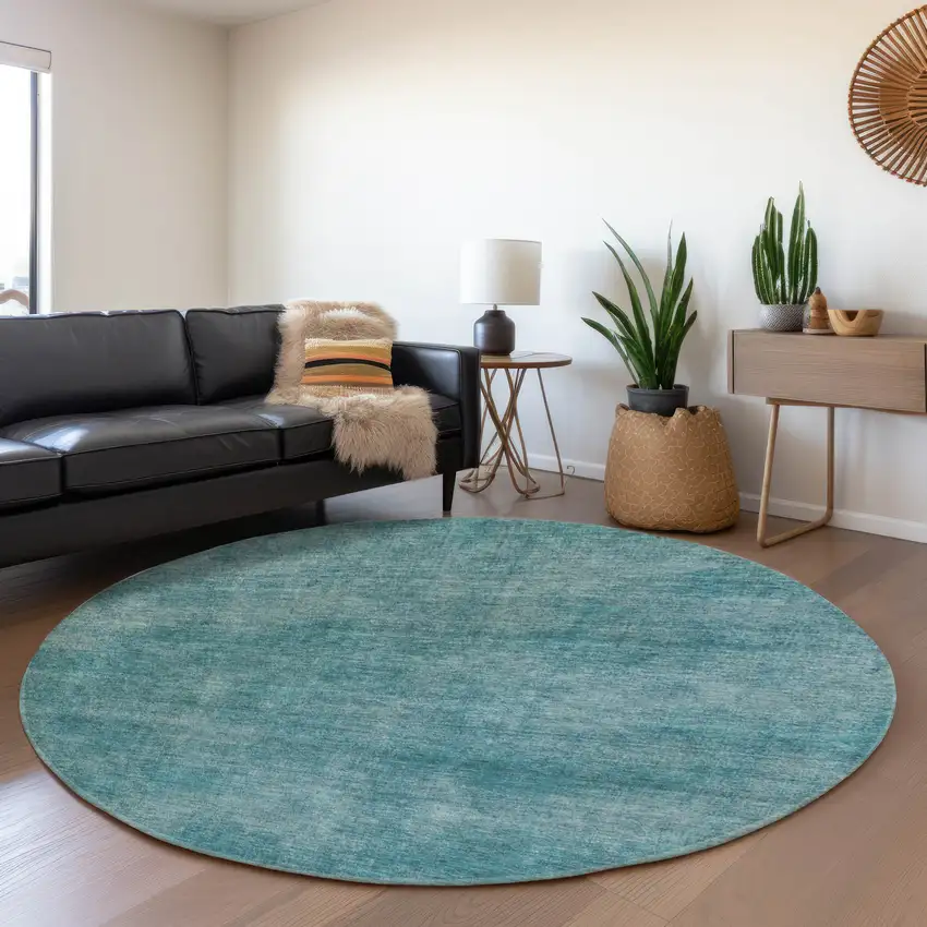 8' Teal And Aqua Abstract Washable Round Rug With UV Protection Photo 4