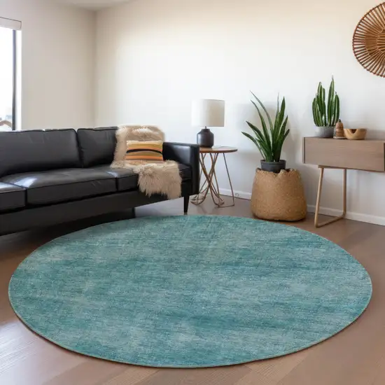 8' Teal And Aqua Abstract Washable Round Rug With UV Protection Photo 4
