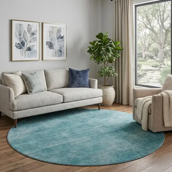 8' Teal And Aqua Abstract Washable Round Rug With UV Protection Photo 1