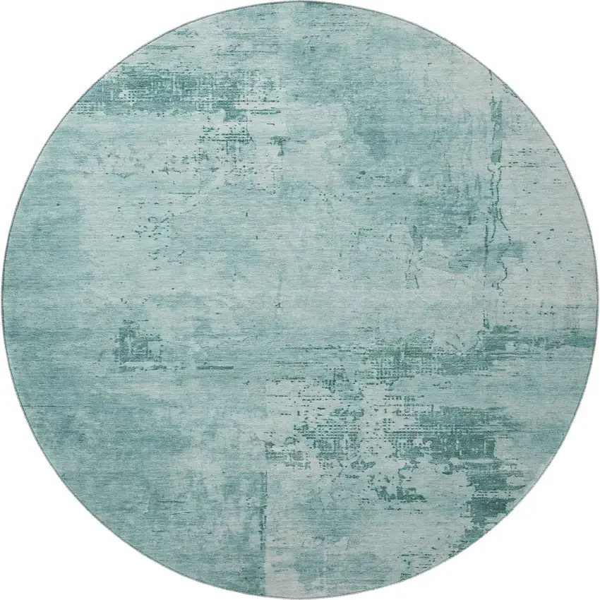 8' Teal And Aqua Abstract Washable Round Rug With UV Protection Photo 3
