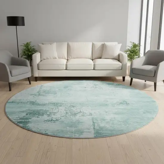 8' Teal And Aqua Abstract Washable Round Rug With UV Protection Photo 2