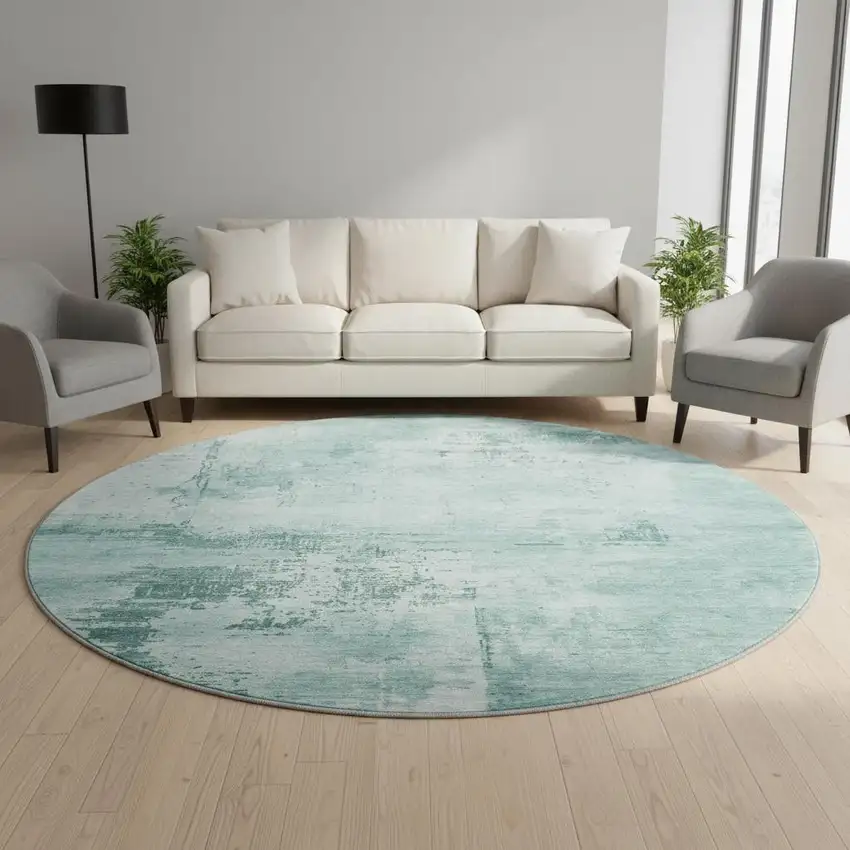 8' Teal And Aqua Abstract Washable Round Rug With UV Protection Photo 2