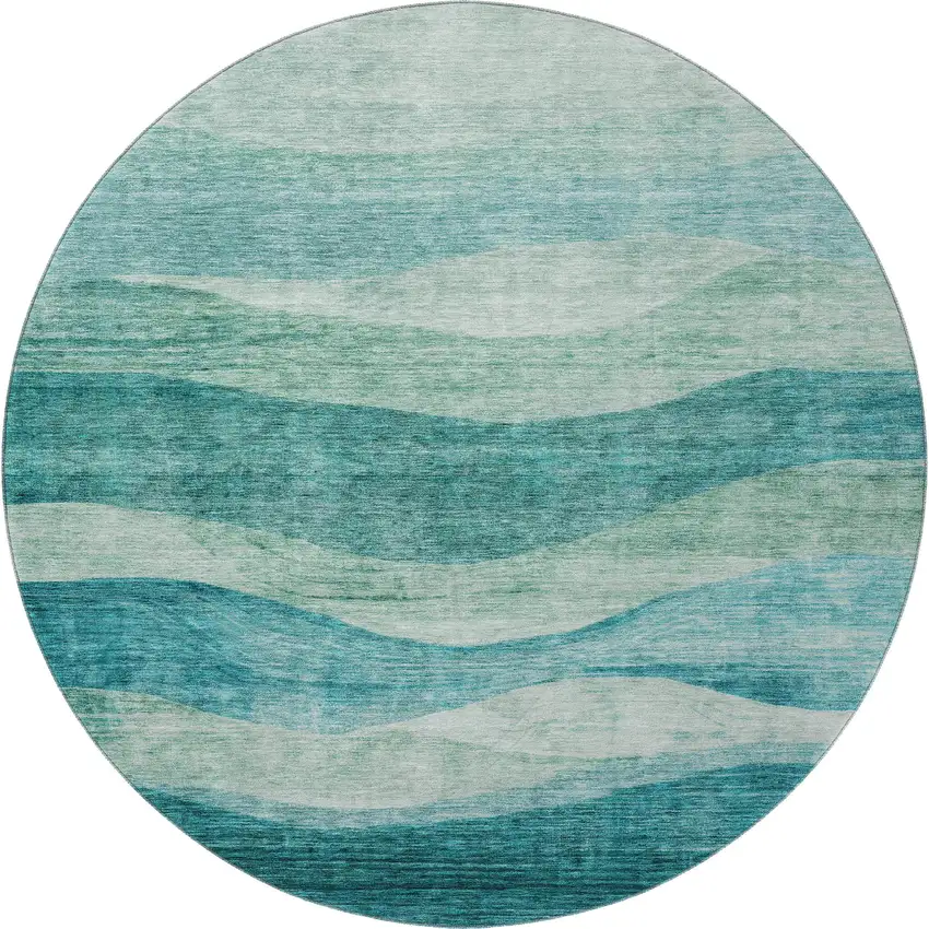 8' Teal And Aqua Abstract Washable Round Rug With UV Protection Photo 3