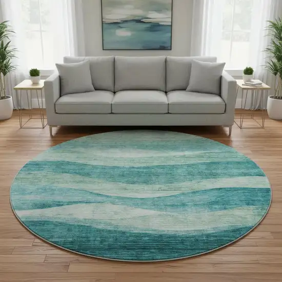 8' Teal And Aqua Abstract Washable Round Rug With UV Protection Photo 2