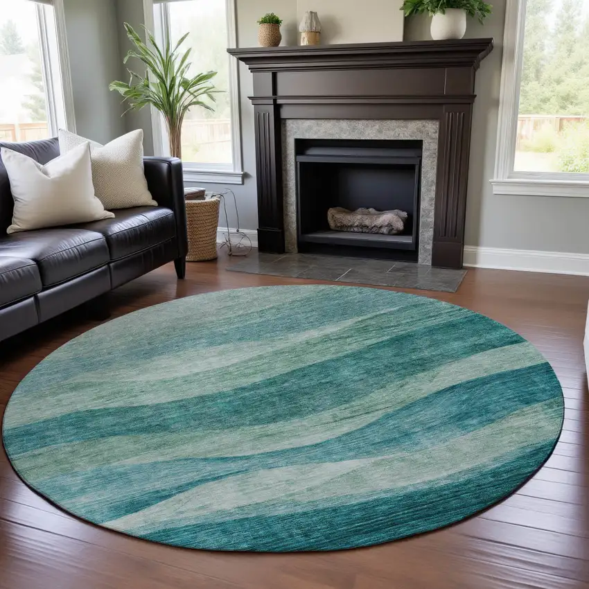 8' Teal And Aqua Abstract Washable Round Rug With UV Protection Photo 4