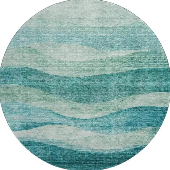 8' Teal And Aqua Abstract Washable Round Rug With UV Protection Photo 2