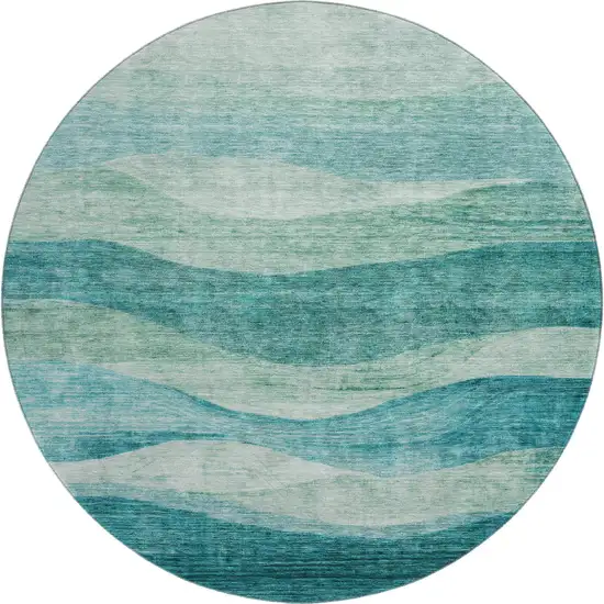8' Teal And Aqua Abstract Washable Round Rug With UV Protection Photo 1
