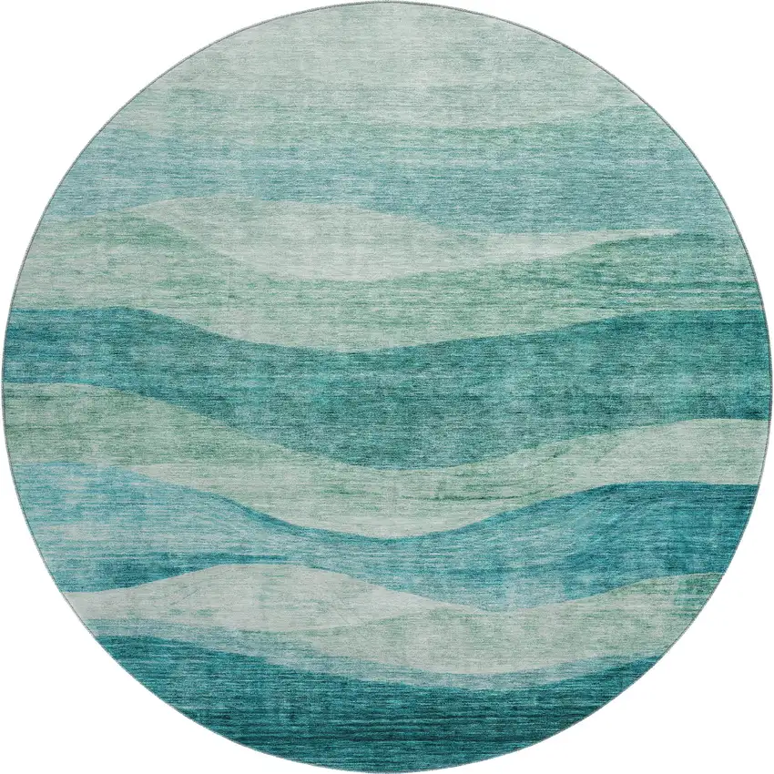 8' Teal And Aqua Abstract Washable Round Rug With UV Protection Photo 1