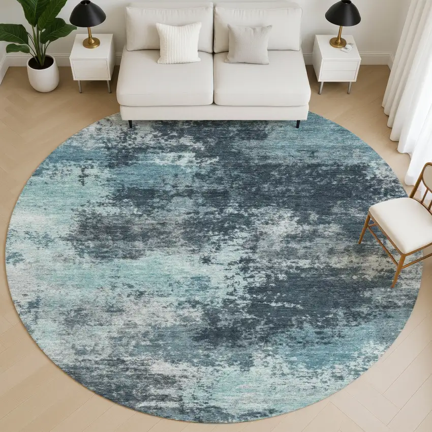 8' Teal And Aqua Abstract Washable Round Rug With UV Protection Photo 5