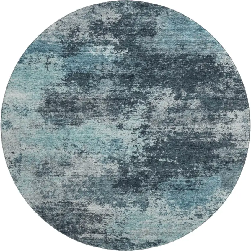 8' Teal And Aqua Abstract Washable Round Rug With UV Protection Photo 1