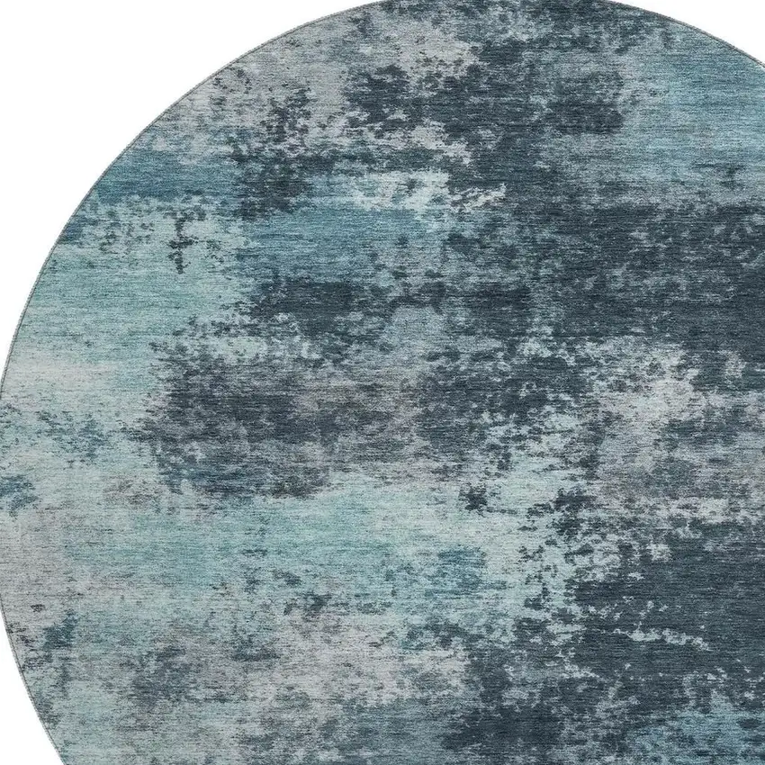 8' Teal And Aqua Abstract Washable Round Rug With UV Protection Photo 3