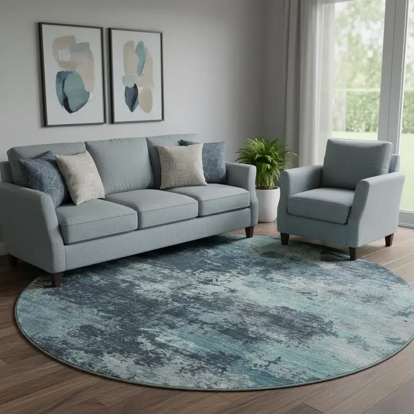 8' Teal And Aqua Abstract Washable Round Rug With UV Protection Photo 2