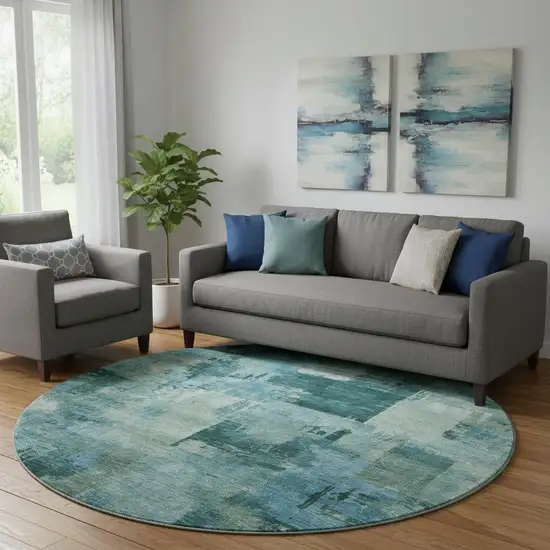8' Teal And Aqua Abstract Washable Round Rug With UV Protection Photo 2
