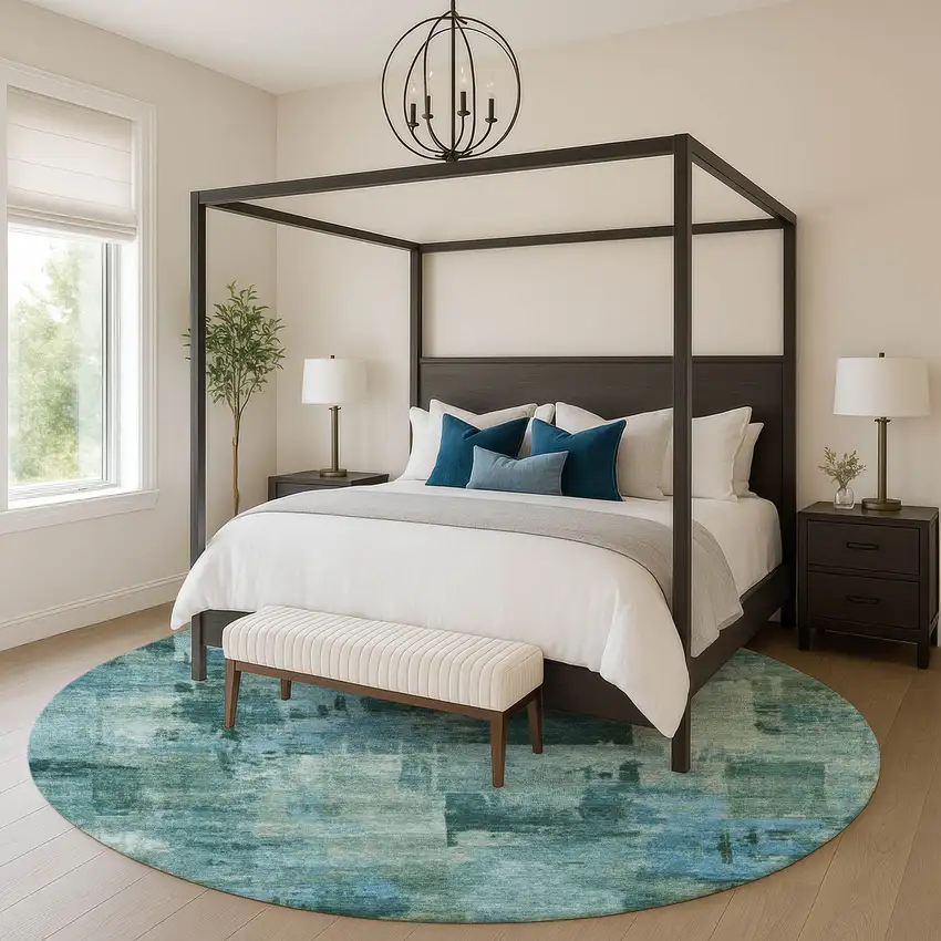 8' Teal And Aqua Abstract Washable Round Rug With UV Protection Photo 5