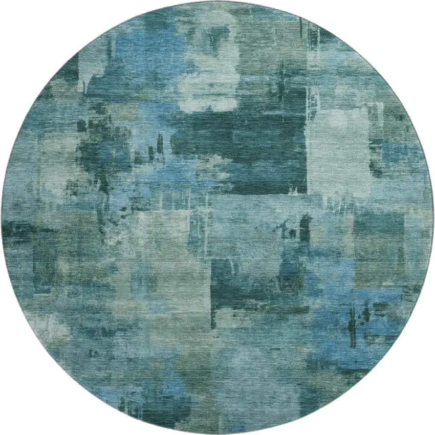8' Teal And Aqua Abstract Washable Round Rug With UV Protection Photo 1